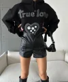 3 iplik şardonlu oversize true baskılı sweat siyah
