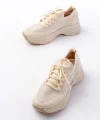 3002  Bej Bağcıklı Fileli Taş Aksesuarlı Günlük Spor Ayakkabı