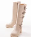 5109-3015 Bej Topuklu Fermuarlı Toka Aksesuarlı Günlük Kadın Çizme