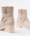 5109-3042 Bej Toka Aksesuarlı Fermuarlı Kalın Topuklu Günlük Kadın Bot