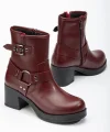 5109-3042 Bordo Toka Aksesuarlı Fermuarlı Kalın Topuklu Günlük Kadın Bot