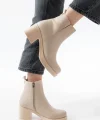 5109-3057 Bej Lastikli Fermuarlı Kalın Topuklu Günlük Kadın Bot