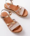 730-044 Bej Garni Ortopedik Örgü Desenli Hakiki Deri Dolgu Kadın Sandalet
