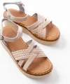 730-138 Bej Örgü  Hakiki Deri Ortopedik Taban Kadın Sandalet