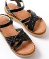 730-138 Siyah Örgü Hakiki Deri Ortopedik Taban Kadın Sandalet