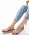 730-152 Bej Örgü Desenli Hakiki Deri Ortopedik Taban Kadın Sandalet
