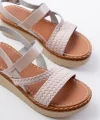 730-152 Bej Örgü Desenli Hakiki Deri Ortopedik Taban Kadın Sandalet