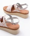 730-152 Bej Örgü Desenli Hakiki Deri Ortopedik Taban Kadın Sandalet