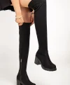 767-3010 Siyah Süet Streç Günlük Kalın Topuklu Kadın Çizme