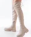812-2194 Bej Fermuarlı Diz Üstü Bağcıklı Çorap Günlük Kadın Çizme