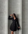 Altı piliseli uzun kollu ceket elbise siyah s255016