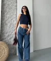 Baggy kar yıkama jeans pantolon koyu mavi d2007