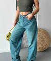 Baggy taş enzim bıyık yıkama jeans pantolon yeşil tint d2007