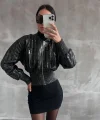 Beli büzgülü crop deri ceket siyah