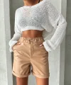 Beli lastikli duble paça deri şort bej w24755