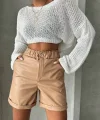 Beli lastikli duble paça deri şort bej w24755