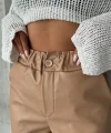Beli lastikli duble paça deri şort bej w24755