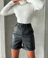 Beli lastikli duble paça deri şort siyah w24755