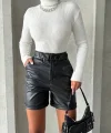 Beli lastikli duble paça deri şort siyah w24755
