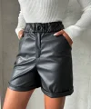 Beli lastikli duble paça deri şort siyah w24755
