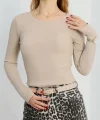 Bisiklet Yaka Parmak Geçmeli Kaşkorse bluz bej a3829