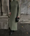 Boğazlı kalın bürümcük uzun elbise yeşil