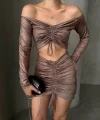 Büzgülü etek bluz takım kahve s24709