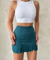 Çift yırtmaçlı atlas şort etek petrol yeşili s240364