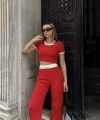 Crop pantolon biyeli takım kırmızı