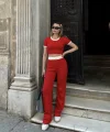 Crop pantolon biyeli takım kırmızı