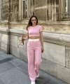 Crop pantolon biyeli takım pembe