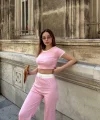 Crop pantolon biyeli takım pembe