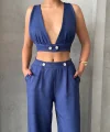 Crop pantolon keten takım s255012
