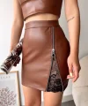Dantelli fermuarlı deri etek kahve w24598