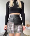 Deri garnili cepli ekose etek siyah s24604