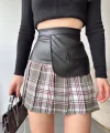 Deri garnili cepli ekose etek siyah s24604