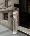 Düğme yakalı bej alt üst takım s3943