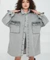 Düz Gömlek Yaka Kadın Gri Kuş Gözü Cepli Kot Ceket