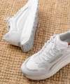 F-307 Beyaz Bağcıklı Saten Taş Aksesuarlı Günlük Spor Ayakkabı