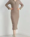 Fermuar detaylı fitilli şardonlu elbise bej a3178