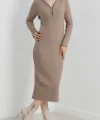 Fermuar detaylı fitilli şardonlu elbise bej a3178