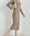 Fermuar detaylı fitilli şardonlu elbise bej a3178