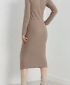 Fermuar detaylı fitilli şardonlu elbise bej a3178