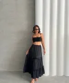 Fırfırlı brodeli astarlı uzun etek siyah s255047