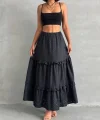 Fırfırlı brodeli astarlı uzun etek siyah s255047