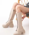 FZ-2450 Bej Yüksek Tabanlı Bağcıklı Fermuarlı Günlük Kadın Çizme