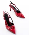 İNF-2300 Kırmızı Rugan Günlük Arkası Açık Fiyonklu Topuklu Bayan Ayakkabı