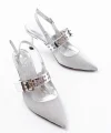 İNF-260 Gümüş Simli Günlük Arkası Açık Baret Tokalı Topuklu Bayan Ayakkabı