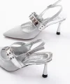 İNF-260 Gümüş Simli Günlük Arkası Açık Baret Tokalı Topuklu Bayan Ayakkabı