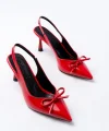 İNF-4500 Kırmızı Rugan Günlük Arkası Açık Fiyonklu Topuklu Bayan Ayakkabı